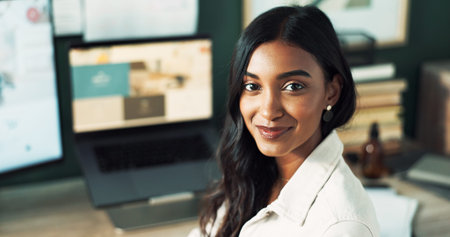 Woman, confident and startup of business, laptop and smile for story, journalist and computer on...