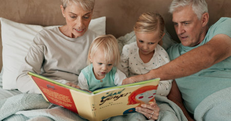 Grandparents, children and reading book with story, fantasy and entertainment in home for education....