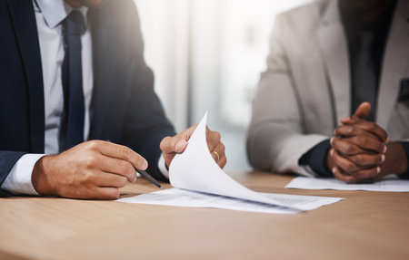 Pen, contract and hands of business people with signature in office for b2b deal, planning or documents. Paperwork, agreement and partnership with financial advisor, client or sign up applicationの写真素材