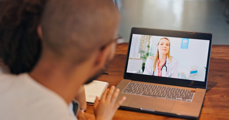 Black man, kid and laptop screen with doctor for telehealth service, communication and support....
