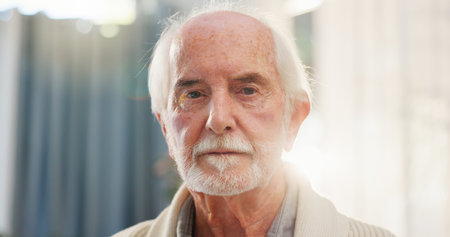 Portrait, elderly man and morning in home for retirement, relax and pride for healthcare or...