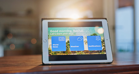 Tablet, screen and weather in house for digital information with alert, thermostat with internet for...