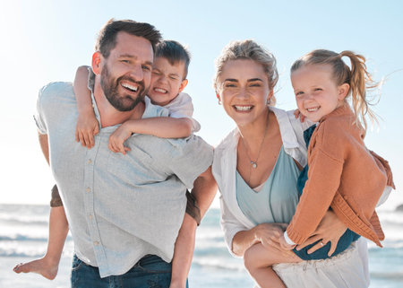 Mom, dad and kids in portrait on beach for holiday adventure together on tropical island with smile....