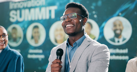 Presenting, black man or smile at seminar for speech, climate change or sustainability. Male...
