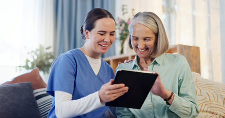 Consultation, nurse and senior woman with tablet on couch for results and healthcare in home. Happy,...