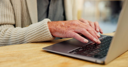 Senior person, typing hands and laptop for web surfing with retirement, chess game and connection in...