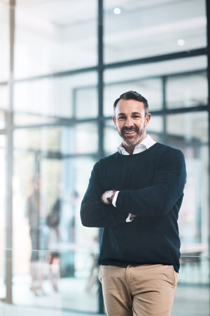 Mature, lawyer and portrait with law firm, attorney agency and proud manager for goals, vision and motivation. Happy businessman, professional company employee and worker in modern consultant officeの写真素材