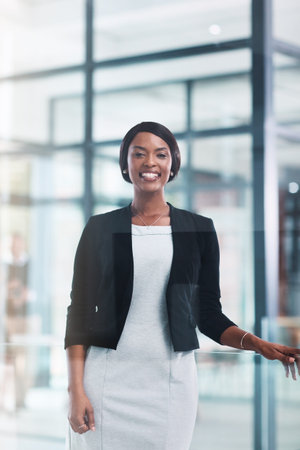 Black woman, attorney and confident portrait with law firm, lawyer agency and pride for goals,...