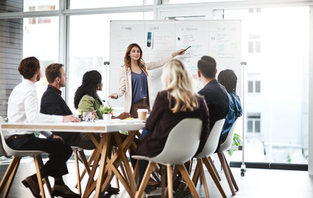 Presentation, team and business woman on whiteboard for planning and brainstorming creative ideas. Group, meeting and happy presenter on board for discussion and graphic design for logo at startupの写真素材