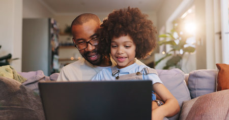 Home, dad or kid on laptop for education, bonding or streaming online for movie, cartoon or video....