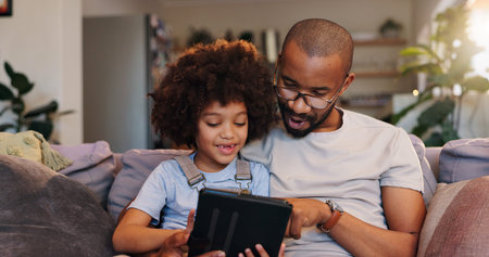 Home, father and child on tablet for social media, bonding or streaming online for movie, film or...