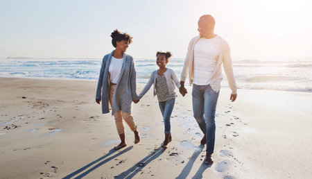 Black family, happy and holding hands for walking on beach with travel memory, vacation or summer holiday. Parents, kid or bonding in nature with fun activity, scenery and smile for sunset adventureの写真素材