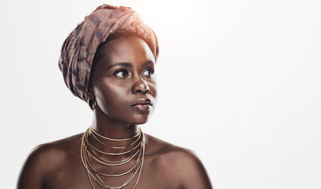 Beauty, culture and black woman in studio with wrap, inspiration and natural glow on mockup. Pride,...