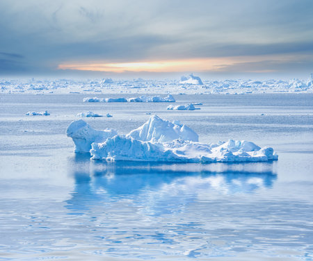 Antarctica, frozen and water with ice in sea for cold ecosystem of environment in winter season....
