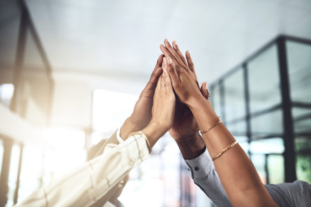 Hands, high five and business people with winner, success and celebration with teamwork....
