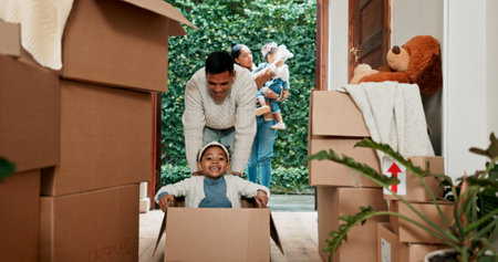 Portrait, father and girl with boxes for play, bonding together and connection with cardboard in house. Family, dad and child with moving in new home, unpacking and joyful with energy for gameの写真素材