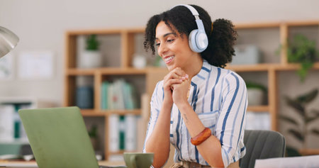 Video call, smile and woman with headphones, listen and interview for web designer, online and...