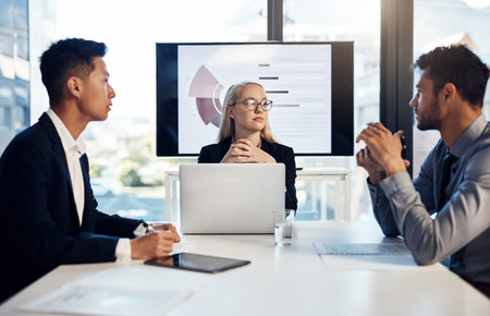 Business people, listening and woman in boardroom for meeting, teamwork and brainstorming. Company...