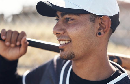 Man, baseball and thinking in outdoor with game idea for homerun, fitness practice or workout for wellness. Male athlete, sports stadium or bat with planning on field for health, gear for cardioの写真素材