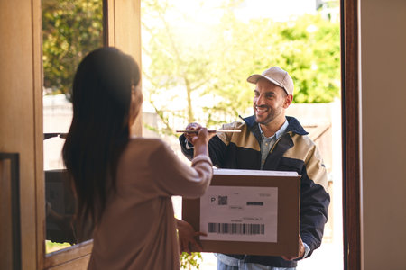 Delivery, box and package for signature and tablet, distribution or parcel with technology. Post...