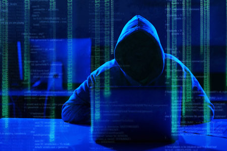 Person, hoodie or hacker with code overlay of cybersecurity problem with coding graphic for...