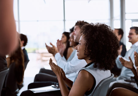 Business, people and applause for office speech, presenter and corporate training with professional presentation. Support, career seminar and company conference with employees, clapping and crowdの写真素材
