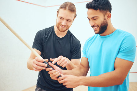 Men, athlete and racket help of sports exercise for squash, challenge game and training with...
