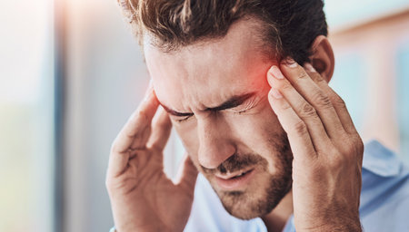 Headache, man and massage temple with pain for dizziness, tired or stress on moving day. Red overlay, fatigue and male person with migraine for brain fog, health emergency or burnout in homeの写真素材