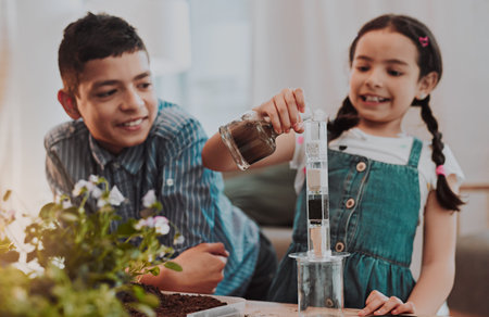 Children, natural science and experiment in home, filtration and water purification or minerals in...