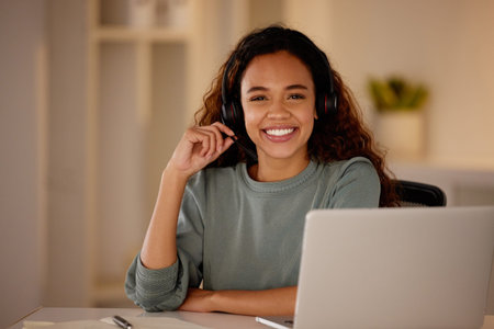 Laptop, call center and portrait of woman in office at night for technical support on insurance...