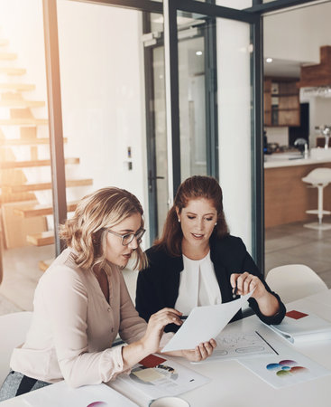Women, paperwork and creative or office discussion, statistics agency and professional with productivity report. Business, teamwork and people or finance planning in meeting, career and collaborationの写真素材