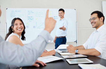 Meeting, raised hand and business people with question in office for feedback, ideas or...