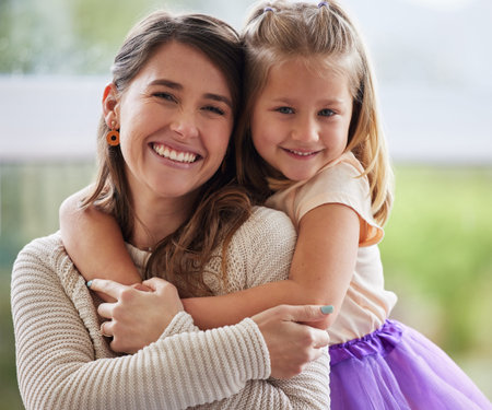 Hug, mother and girl child in portrait for love, care or bonding together with single parent or...