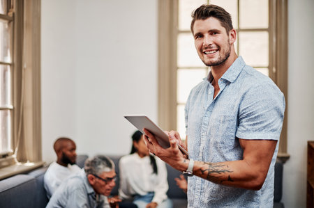 Business man, portrait and tablet in team leadership for global startup, company and creative agency. Smile, technology and manager with meeting schedule for teamwork, collaboration and office reviewの写真素材