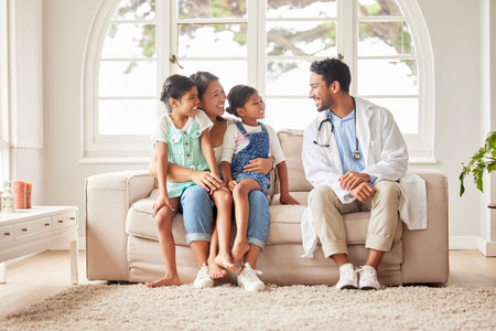 Doctor, family and children checkup in home, healthcare and consulting in house visit or service. Physician, mother and kids for examination or appointment, talking and pediatrician patients for helpの写真素材