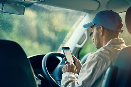 Phone, driver or delivery man with location for cargo, stock or package address in shipping business. Parcel order, online or courier driving for van transportation, supply chain or freight scheduleの写真素材