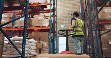 Pallet truck, man and box in warehouse with transport, safety and storage for distribution or...