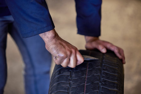 Mechanic, hand and tire with knife in workshop for maintenance, service and job in motor industry. Garage, man and worker with tool in car factory for automobile, inspection and repair of punctureの写真素材