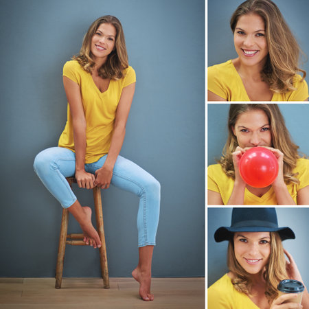 Collage, portrait and woman with smile, confidence and fashion for memory, comfort and cool. Face, person and girl in jeans, pride or playful with fun, casual outfit and trendy clothes with happinessの写真素材
