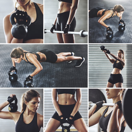 Collage, woman and training for fitness in gym for body building, health and muscles. Female person, composite and serious with exercise, workout and weightlifting for wellness with equipmentの写真素材