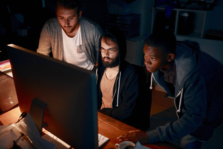 Men, web design and teamwork with computer for cyber security, firewall breach and data protection...