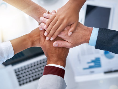 Business people, closeup or hands in stack for documents, support or meeting for financial goals....