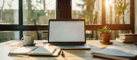 Business, room and laptop screen on desk with mockup space for creative office, career or interiorの素材