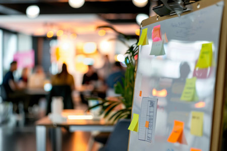 Whiteboard, creative and office with sticky notes for information in coworking company for reminderの素材