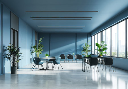 Office, plants and workspace interior with chair, room and desk for business at startup companyの素材