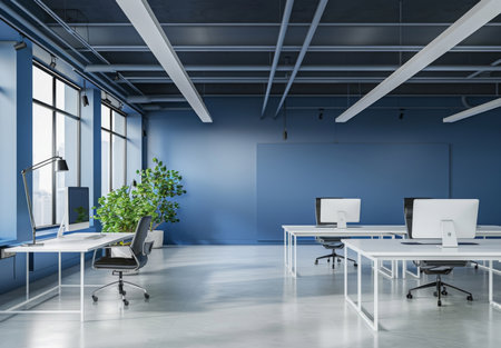 Empty office, room and interior with computer, chair and desk for business at startup companyの素材