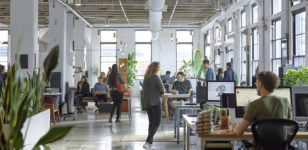 Business, busy and people in office, agency and furniture for workspace of coworking, table andの素材