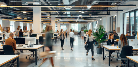 Business people, walking and colleagues in office, research and computer for coworking, motion blurの素材
