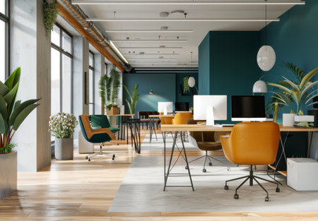 Empty office, interior and room with furniture for business and press media workplace with deskの素材