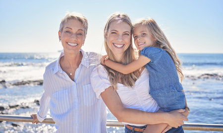 Portrait, beach and grandmother with mama, girl and time together for vacation, family and water....